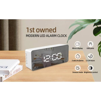 Horloge miroir numérique réveil de table, horloge de bureau avec date, heure, température, plastique blanc